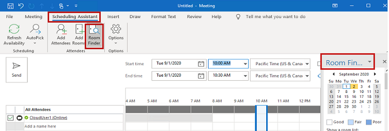 Microsoft 365의 일정 정리 보기에서 회의실 찾기 기능을 보여 주는 스크린샷.