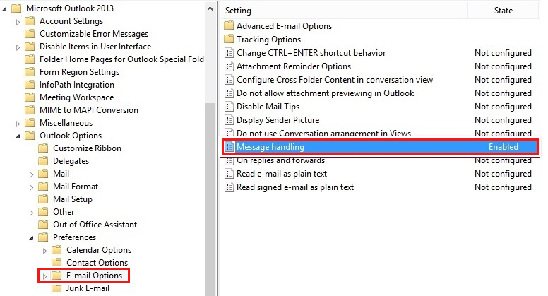 Outlook 2013의 정책 옵션 스크린샷.
