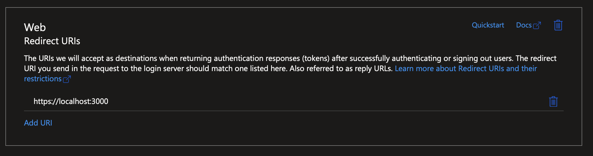 localhost에서 포트 3000의 예제 URI가 있는 리디렉션 URI 탭을 보여 주는 스크린샷
