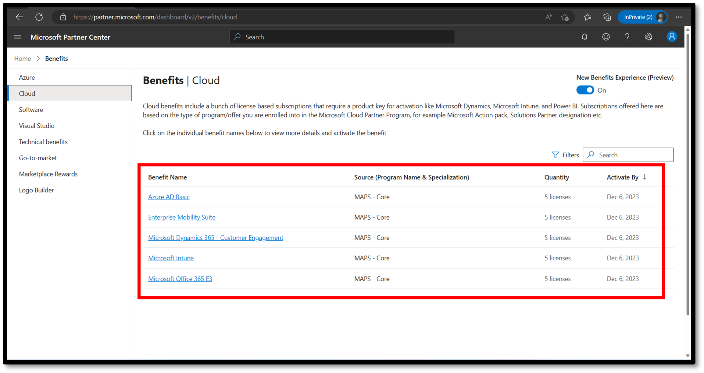 Screenshot of Cloud benefits page.