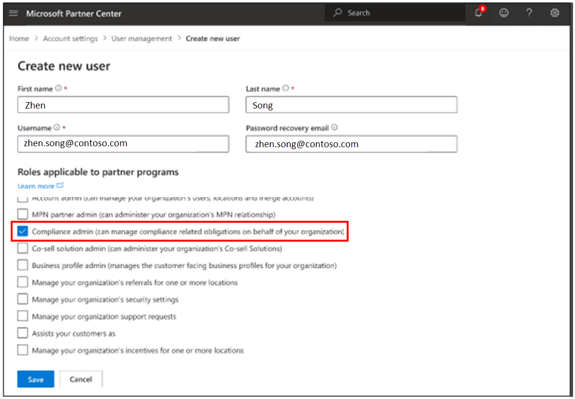 Screenshot of Create new user window, with Compliance admin role selected.