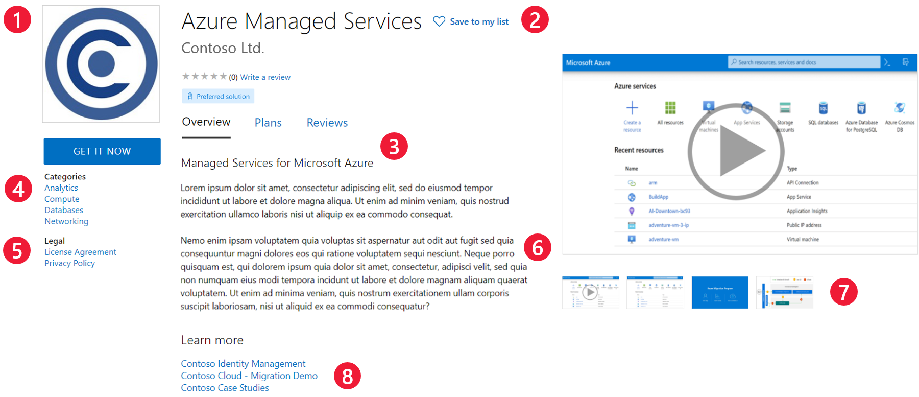 Azure Marketplace에 관리 서비스 제품이 표시되는 방법을 보여 줍니다.