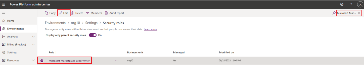 보안 역할 옵션을 보여 주는 스크린샷.
