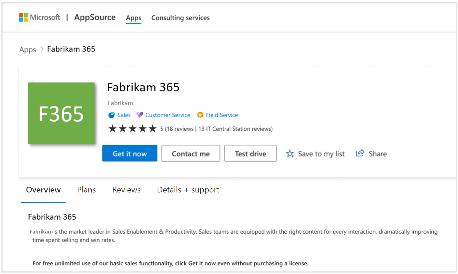 Microsoft Marketplace의 제품 목록 페이지 스크린샷 지금 가져오기 및 연락처 단추가 표시됩니다.