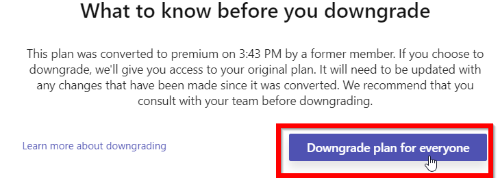 다운그레이드 대화 상자의 다운그레이드 트리거 단추 스크린샷