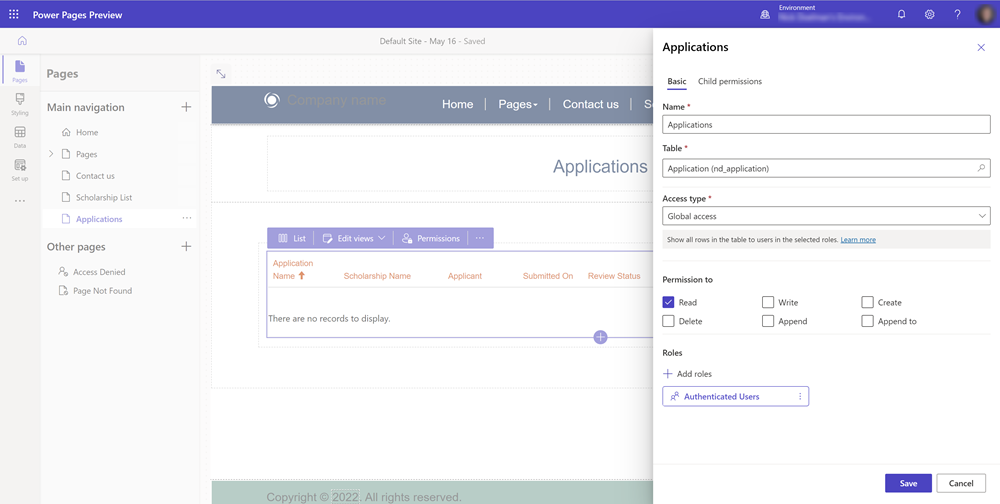 연락처 조회가 있는 테이블에 대한 테이블 권한 생성을 보여주는 스크린샷.