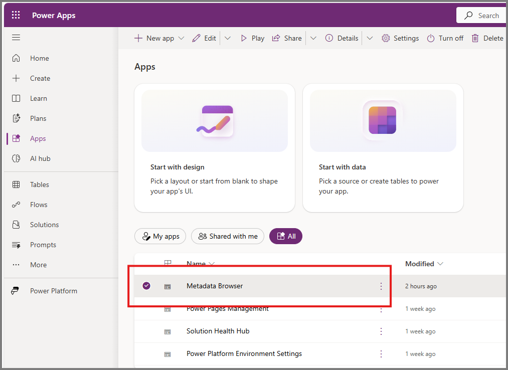 Screenshot of Power Apps showing the Apps list with Metadata Browser selected and highlighted in the main panel.