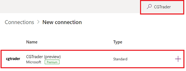 CGtrader가 선택된 Power Apps 연결 검색 결과의 스크린샷.