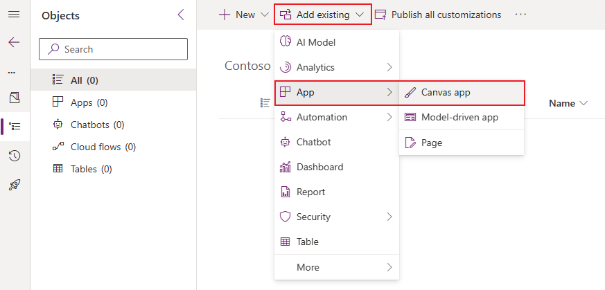 메뉴에서 선택한 기존 항목 추가 옵션을 보여주는 상단 메뉴의 스크린샷.