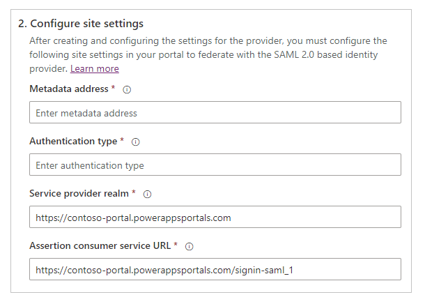 SAML 2.0. 사이트 설정 구성.