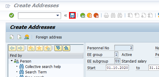 저장 버튼이 강조 표시된 SAP Easy Access의 주소 생성 창 스크린샷입니다.
