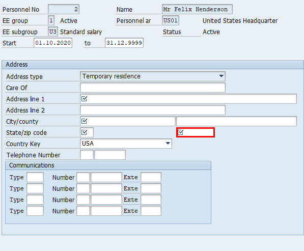주소 영역의 우편 번호 필드가 강조 표시된 SAP Easy Access의 주소 생성 창 스크린샷입니다.