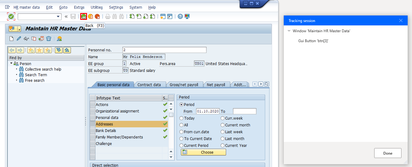 Power Automate Desktop의 추적 세션 창과 함께 SAP Easy Access의 HR 마스터 데이터 유지 관리 창의 스크린샷입니다.