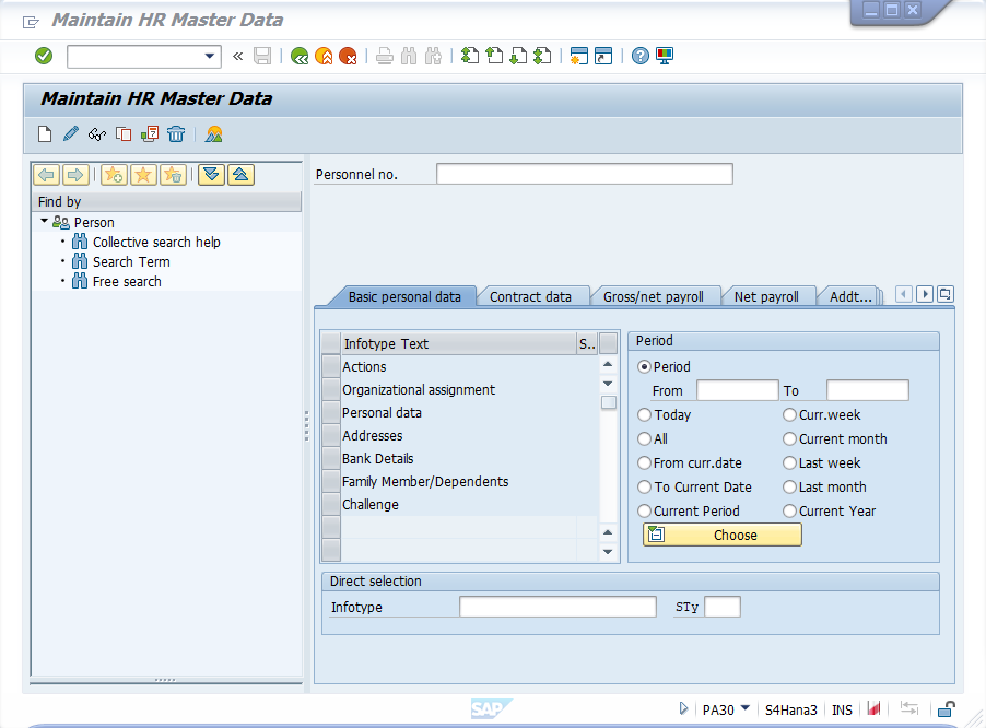 SAP Easy Access 애플리케이션의 HR 마스터 데이터 유지 관리 창의 스크린샷입니다.