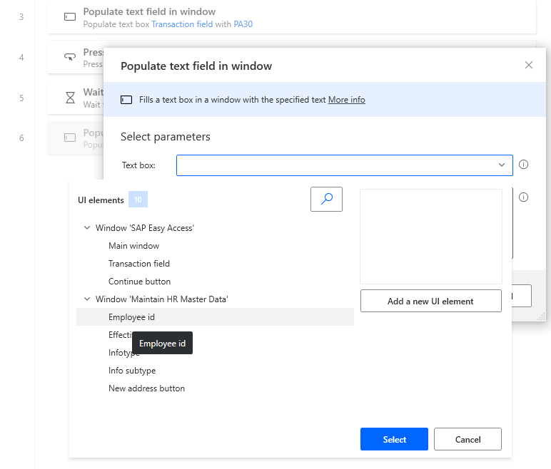 창의 텍스트 필드 채우기 대화 상자가 열리고 UI 요소 드롭다운이 열려 있는 Power Automate Desktop 디자이너 창의 스크린샷입니다.