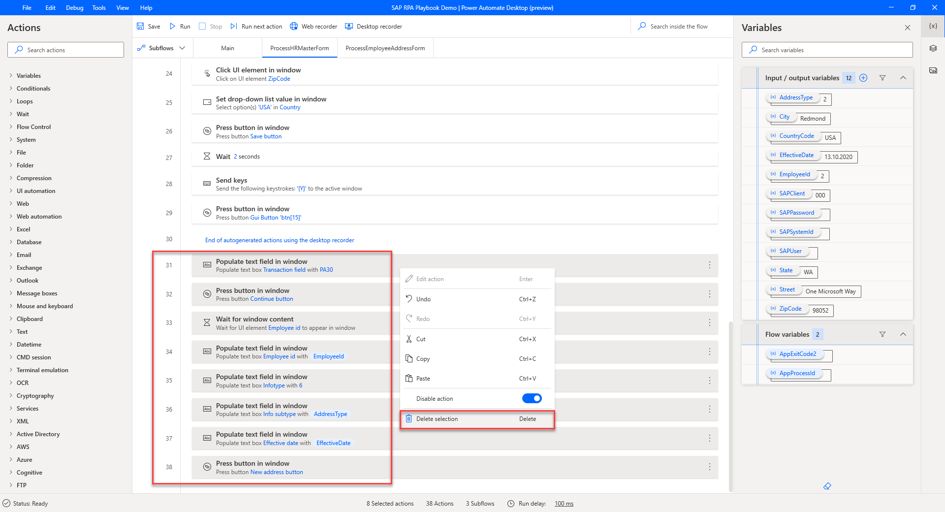 삭제해야 하는 추가된 작업을 표시하는 Power Automate 데스크톱의 스크린샷입니다.