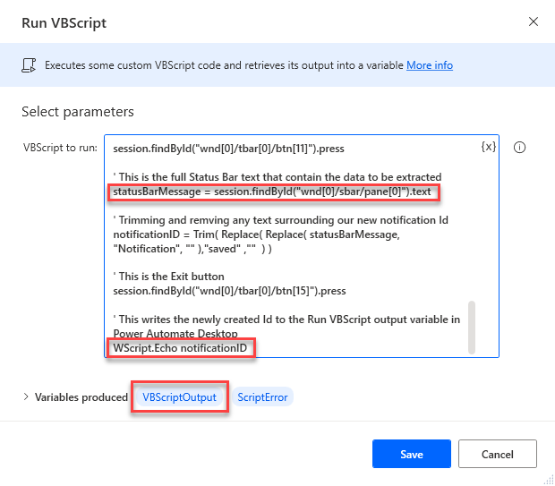 SAP 상태 표시줄 텍스트 추출을 가능하게 하는 강조 표시된 스크립트가 있는 VBScript 실행 작업 대화 상자를 보여주는 스크린샷입니다.