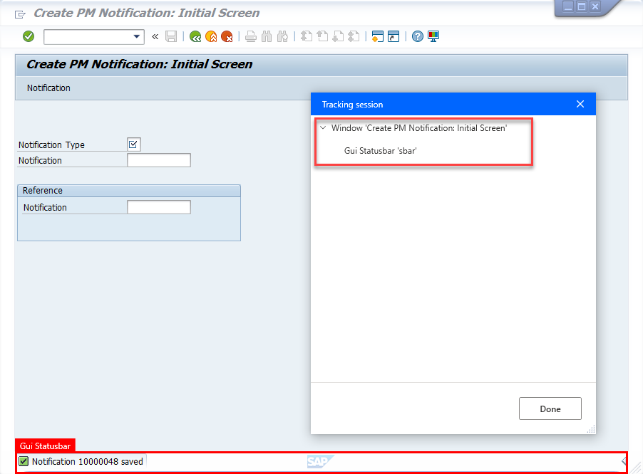 알림 ID와 선택한 컨트롤이 있는 Power Automate Desktop 추적 세션을 나열하는 상태 메시지와 함께 SAP 화면을 보여주는 스크린샷입니다.