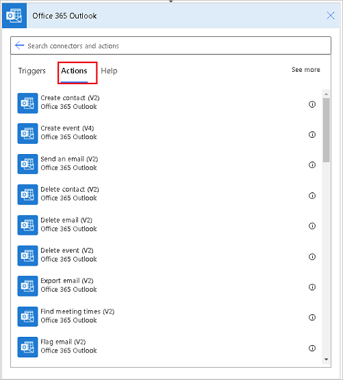 일부 Office 365 Outlook 작업의 목록 스크린샷.