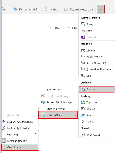 Outlook에서 '기타 작업' 메뉴를 보는 단계를 표시하는 스크린샷.