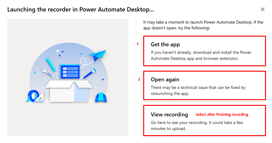 'Power Automate Desktop에서 레코더 실행' 화면의 스크린샷.