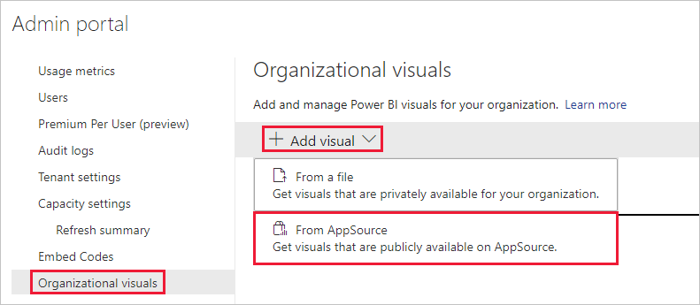 Power BI 관리자 설정의 조직 시각적 개체 메뉴를 보여 주는 스크린샷 시각적 개체 추가 옵션이 확장되고 앱 원본에서 옵션이 선택됩니다.