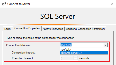 데이터베이스에 연결 섹션이 강조 표시된 서버에 SQL Server Profiler 연결 대화 상자를 보여 주는 스크린샷