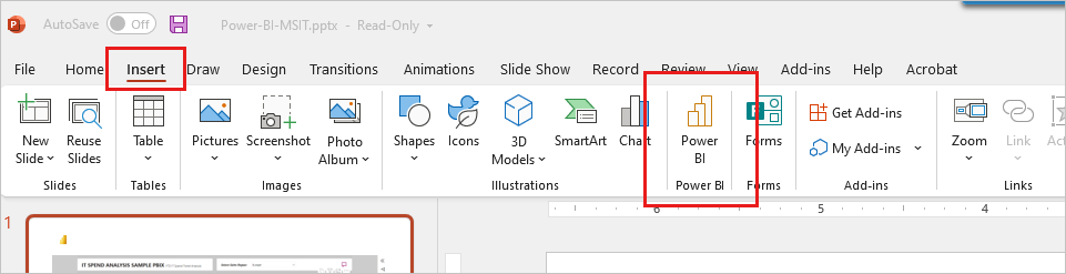 삽입 리본의 PowerPoint용 Power BI 추가 기능 단추의 스크린샷.