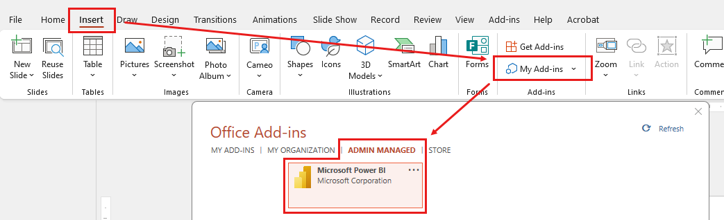 관리자 관리 추가 기능으로 PowerPoint용 Microsoft Power BI 추가 기능을 보여 주는 스크린샷.