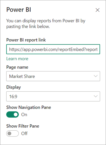 Power BI 보고서 링크가 강조 표시된 SharePoint 새 웹 파트 속성 대화 상자의 스크린샷