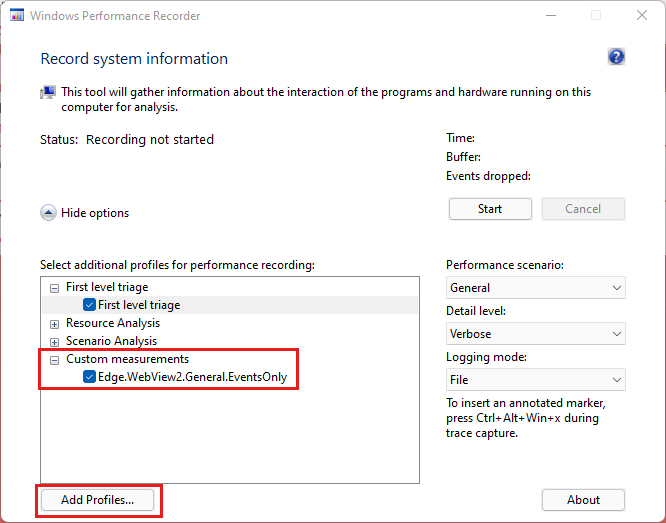 Screenshot of the Windows Performance Recorder with EdgeWebView2_General_EventsOnly profile loaded.