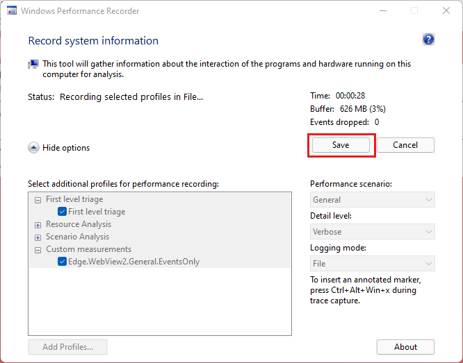 Screenshot of Windows Performance Recorder with Save highlighted.