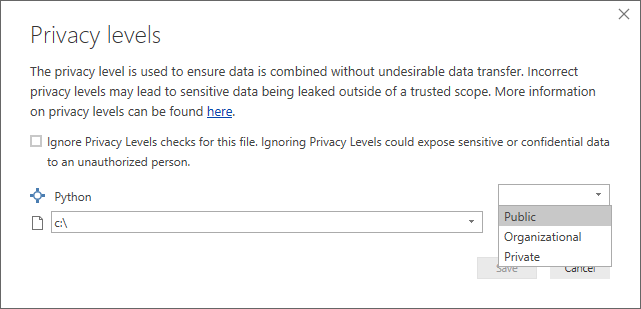Screenshot of the Privacy levels dialog, showing that Public is set.