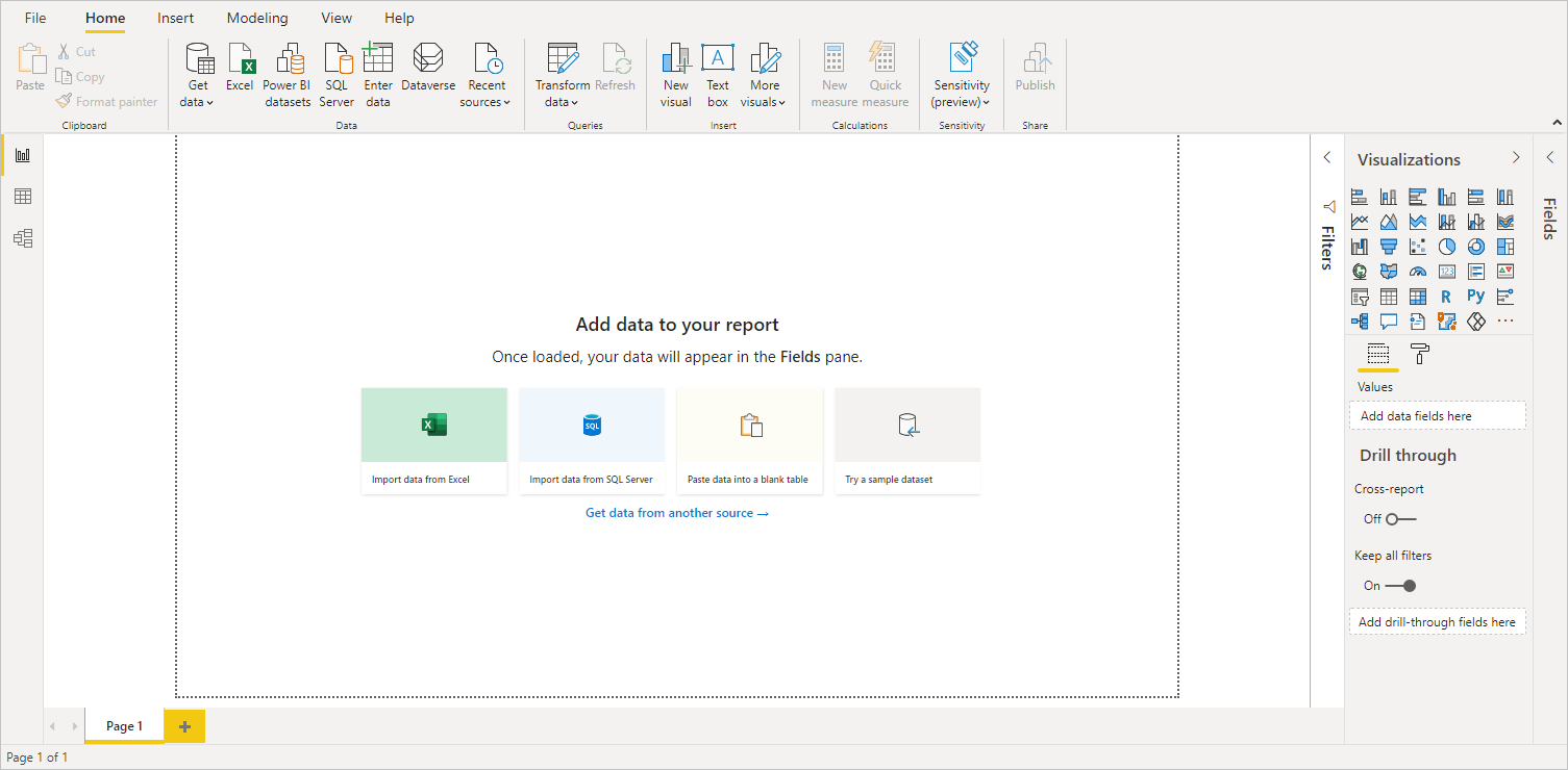 스크린샷은 빈 캔버스가 있는 Power BI Desktop 보여줍니다.