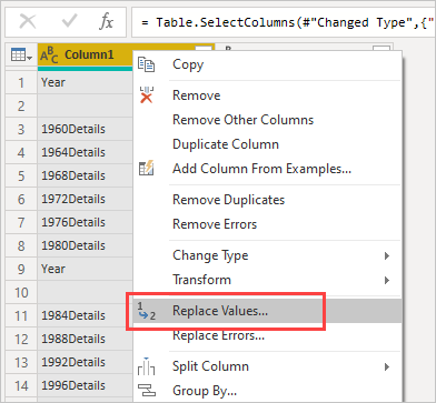 Screenshot shows a column highlighted with Replace Values selected in the context menu.