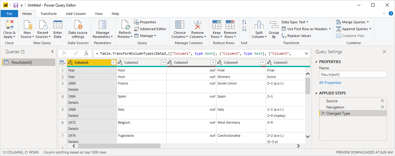 가져온 데이터가 변환할 준비가 된 Power Query 편집기를 보여주는 스크린샷