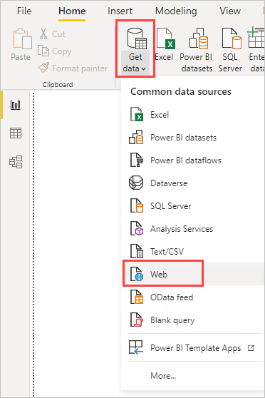 웹 선택 항목을 보여 주는 Power BI Desktop에 있는 데이터 가져오기 리본의 스크린샷.