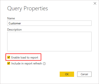 로드 사용 옵션을 강조해서 보여 주는 쿼리 속성 대화 상자 스크린샷.