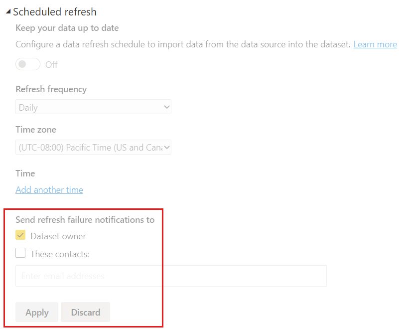 Screenshot of admin area for changing Power BI email refresh notifications.