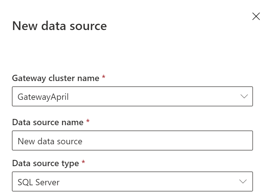 게이트웨이에 SQL 데이터 원본을 추가하는 스크린샷.