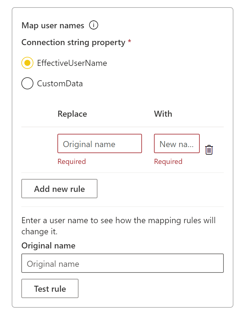 Screenshot of Add new rule in the Map user names box.