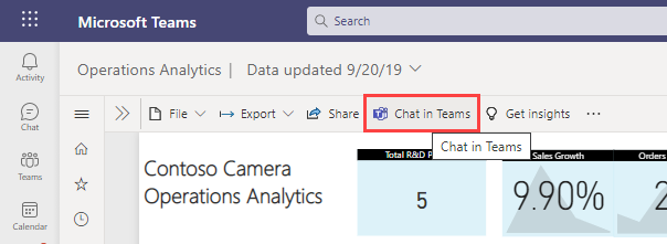 Teams에서 채팅 단추가 강조 표시된 Teams 모임의 Power BI 보고서 스크린샷.