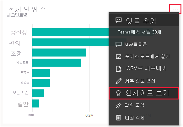 선택 영역이 강조 표시되고 인사이트 보기가 강조 표시된 드롭다운 메뉴를 표시하는 타일의 스크린샷