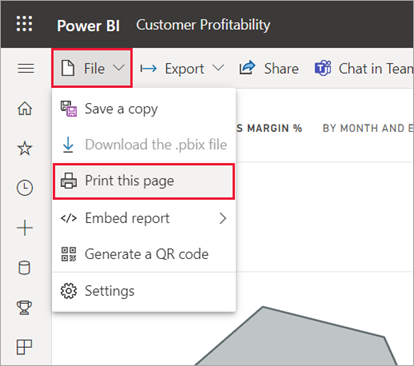 Screenshot of the Power BI service File menu open and Print this page selected.
