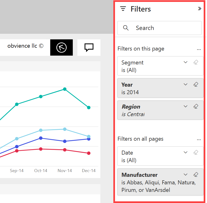 Screenshot showing the Power BI service with Filters expanded.