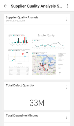 같은 크기의 Power BI 타일이 여러 개 있는 Android 휴대폰을 보여 주는 스크린샷.