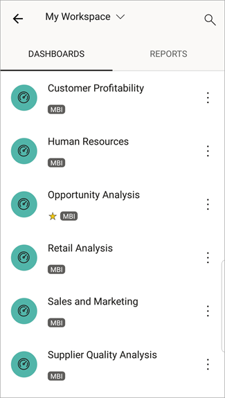 대시보드가 선택된 내 작업 영역이 표시된 Android 휴대폰 화면을 보여 주는 스크린샷.