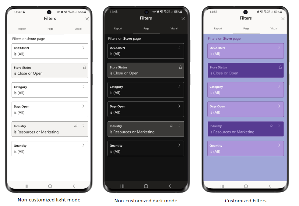 Power BI 모바일 앱의 보고서 필터 창 스크린샷