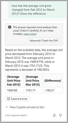 DAX 쿼리를 만들어 질문에 대답하는 부조종사 스크린샷