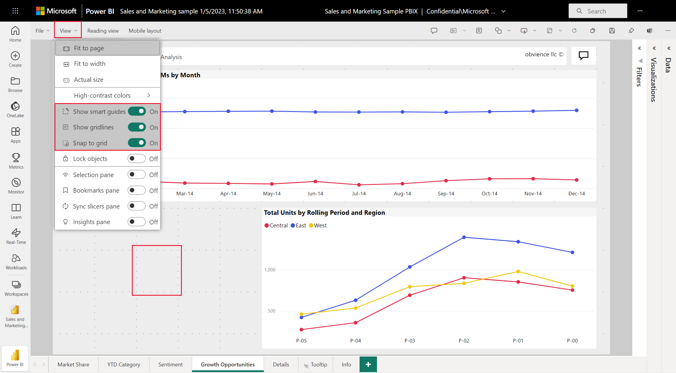 Power BI Desktop 보고서에서 눈금선 및 눈금에 맞춤을 사용하도록 설정하는 방법을 보여주는 보고서 캔버스의 스크린샷.